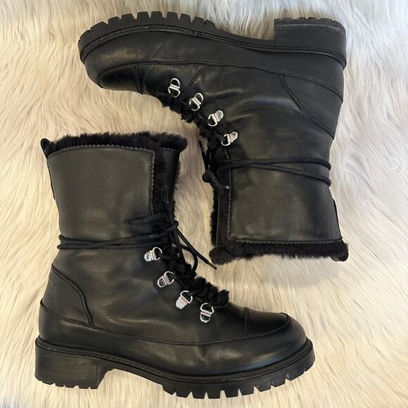 Stuart Weitzman Luge Boots Leather Faux Shearling Lace Up Mid Calf Combat Boots - Picture 10 of 16